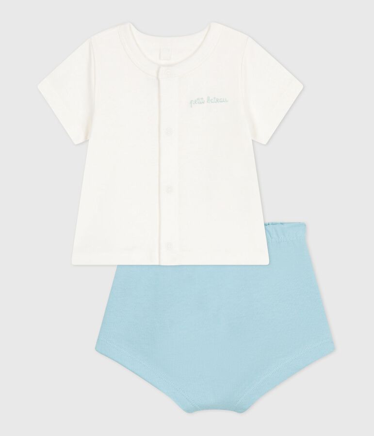 Newborn babies' two-piece cotton set with a plain bottom half white/blue