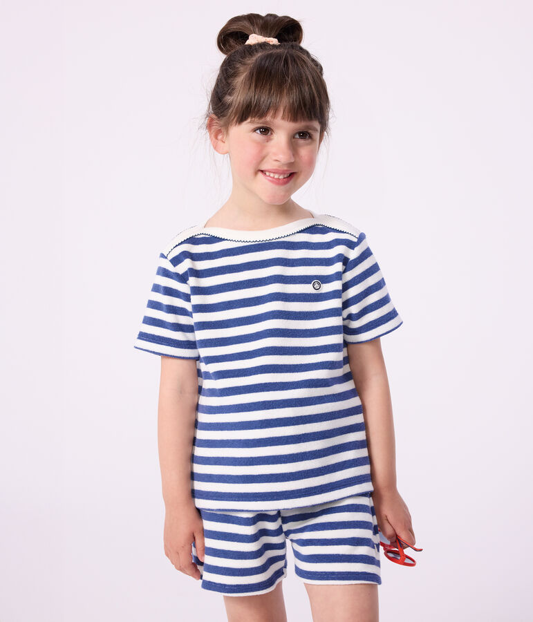 Children's short-sleeved stripy cotton T-shirt blue/white