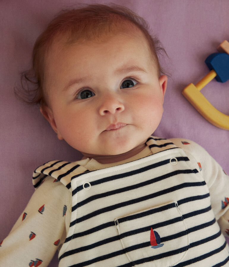 Babies' cotton dungarees and bodysuit set MARSHMALLOW white/SMOKING blue