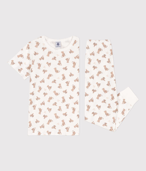Children's unisex short-sleeved leopard print cotton pyjamas MARSHMALLOW white/MULTICO white