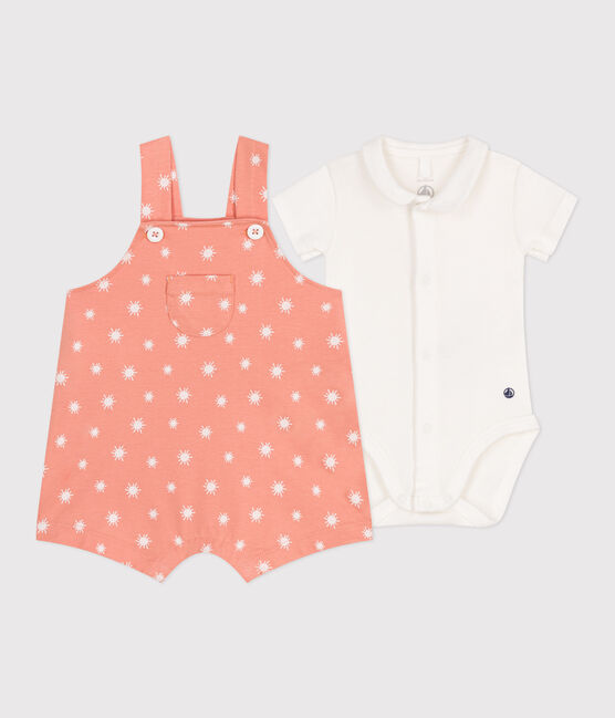 Newborn baby set with sun print cotton dungarees and a body ABRICOT orange/MARSHMALLOW