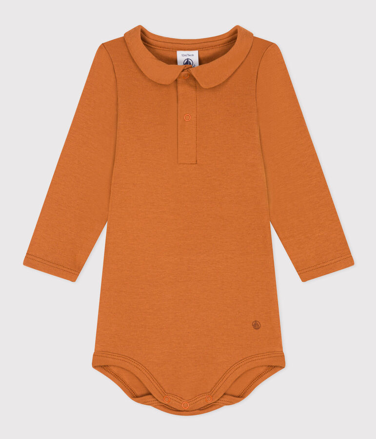 Babies' Long-Sleeved Cotton Bodysuit With Collar brown