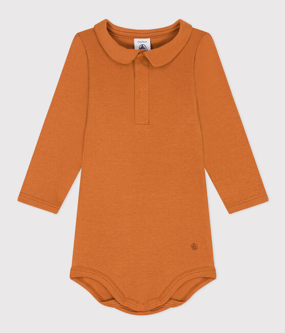 Babies' Long-Sleeved Cotton Bodysuit With Collar ECUREUIL brown
