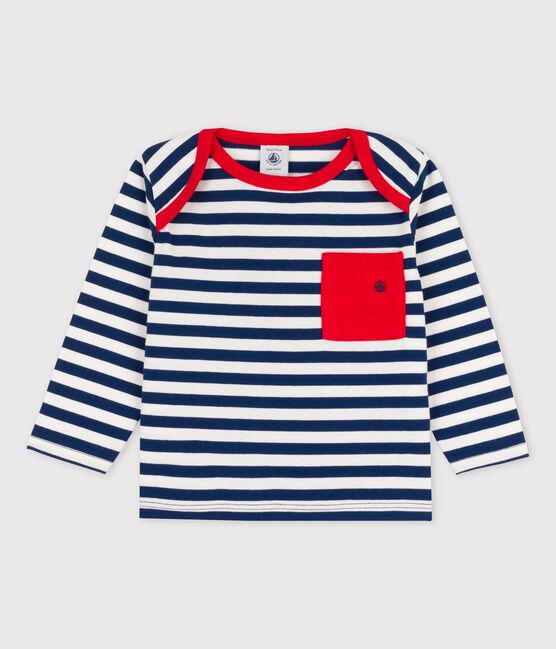 Babies' Striped Jersey Long-Sleeved T-Shirt MEDIEVAL blue/MARSHMALLOW white