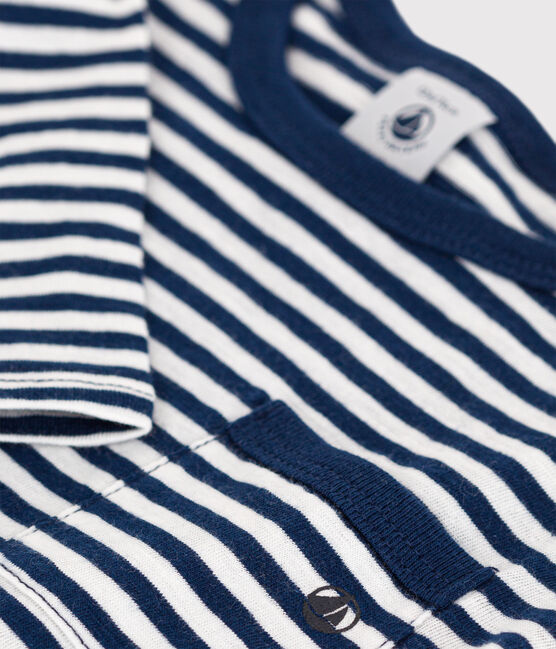 Babies' Stripy Slub Jersey Long-Sleeved T-Shirt MEDIEVAL blue/MARSHMALLOW white