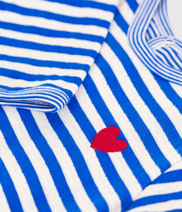 Babies' stripy tube knit pyjamas with a back opening blue/ecru