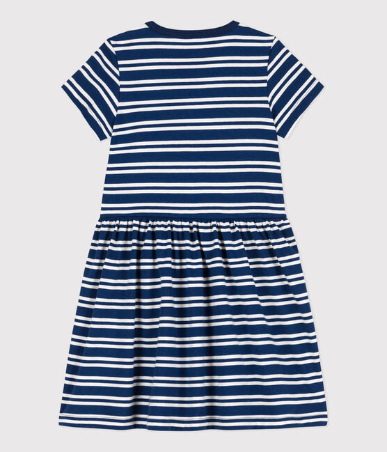 Girls' Stripy Short-Sleeved Cotton Dress MEDIEVAL blue/MARSHMALLOW white