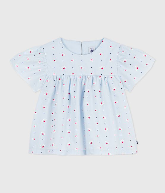 Children's cotton blouse in printed cotton poplin. FRAICHEUR blue/MULTICO white