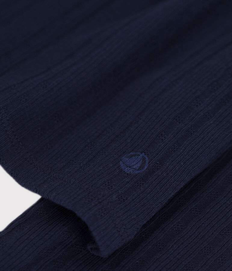 Women's plain drop needle rib knit t-shirt with long sleeves and a grandad neckline blue