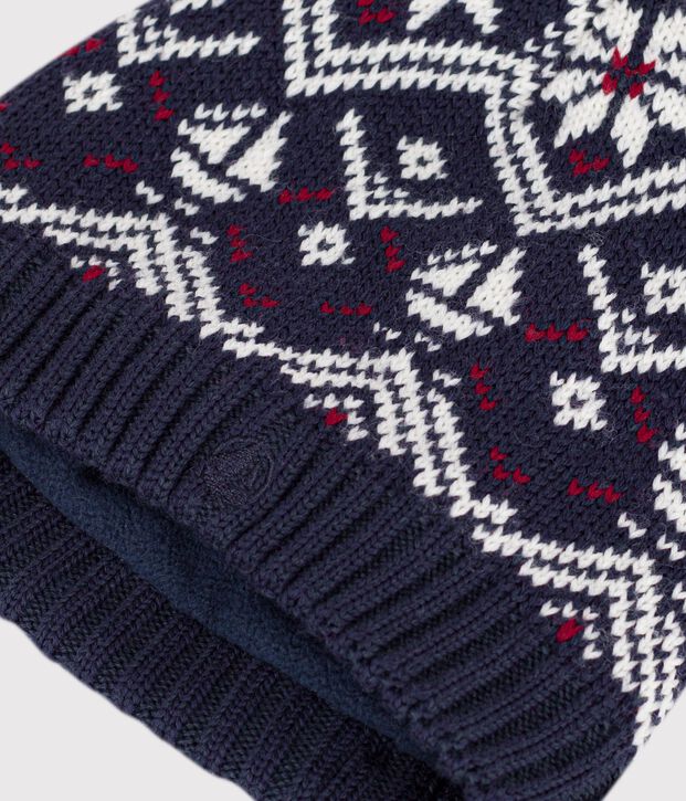 Children's jacquard hat in wool and cotton with fleece lining blue/ecru/red