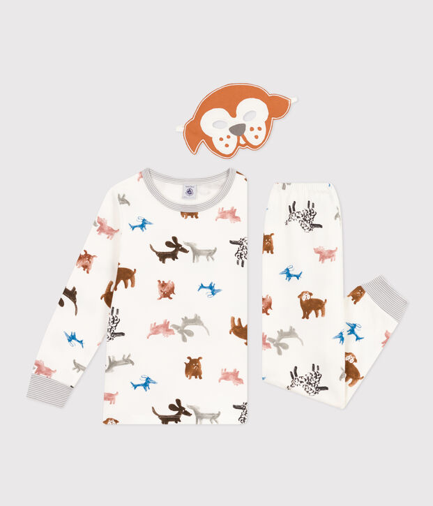Children's Unisex Dog Fancy Dress Fleece Pyjamas with mask white/multicolor