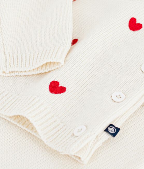 Babies' two-piece knitted outfit with embroidered hearts MARSHMALLOW red/POMPEI