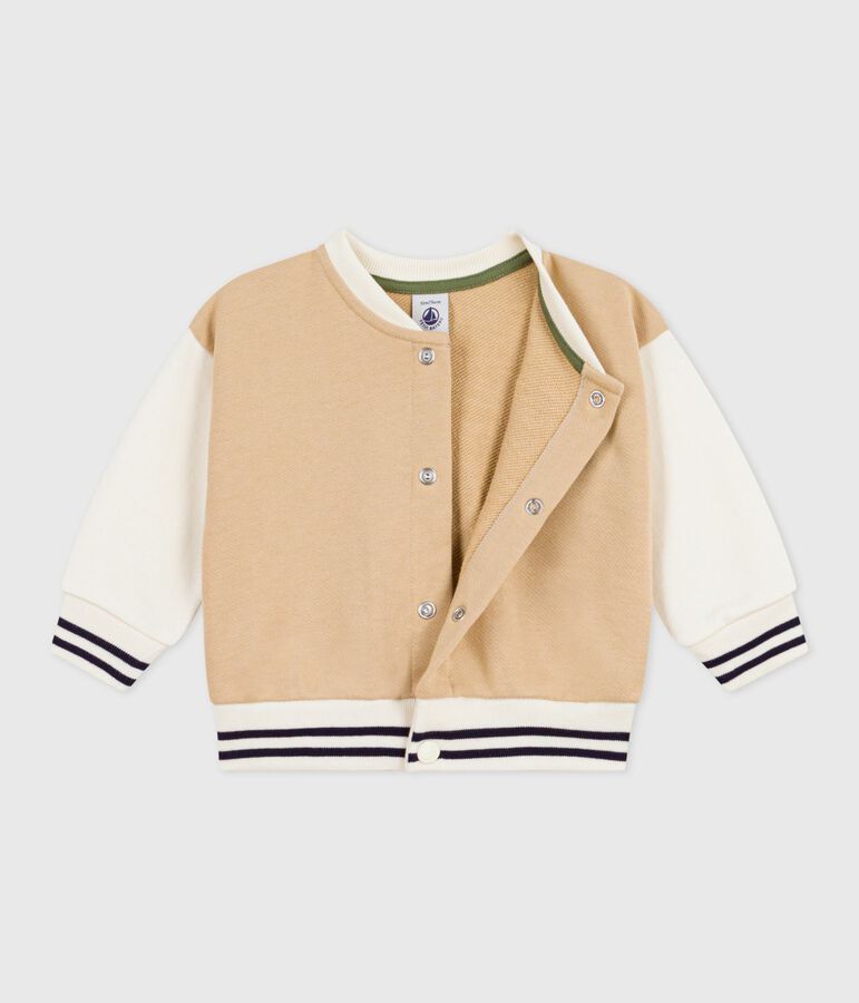 Babies' varsity-style jacket in colourblock cotton with a badge beige/ecru
