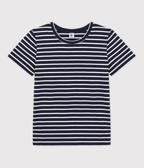 Women's Straight Round-Neck Cotton T-Shirt SMOKING blue/MARSHMALLOW white