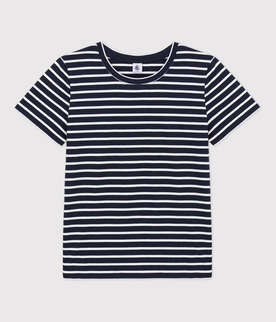 Women's Straight Round-Neck Cotton T-Shirt SMOKING blue/MARSHMALLOW white