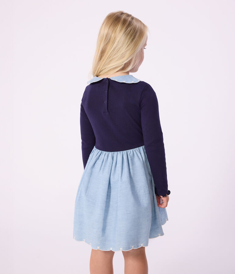 Girls' long-sleeved cotton dress in two materials SOIR blue