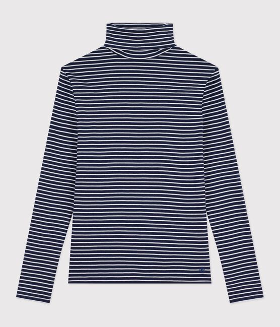 The Iconic cotton polo neck top for women SMOKING blue/MARSHMALLOW white
