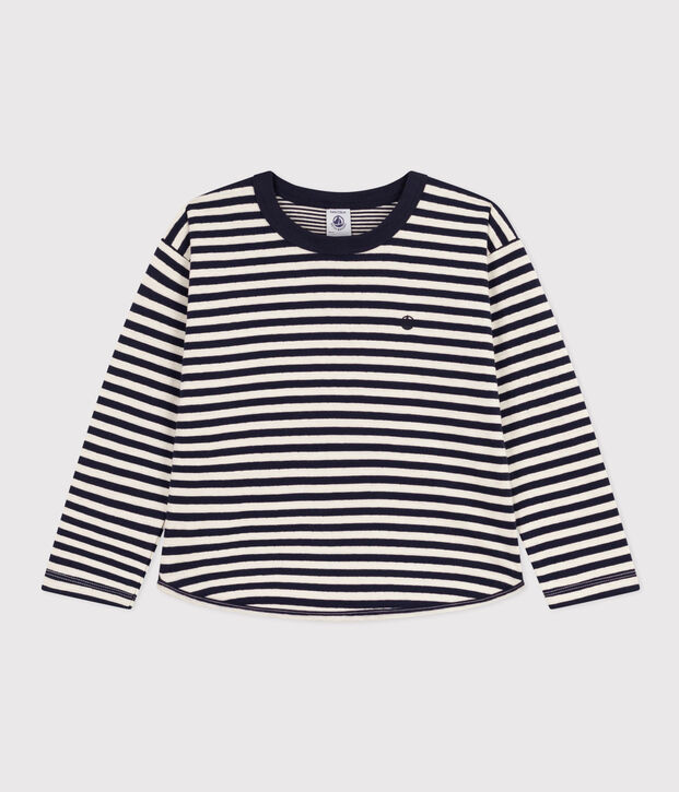 Boys' long-sleeved tube knit T-shirt blue/ecru