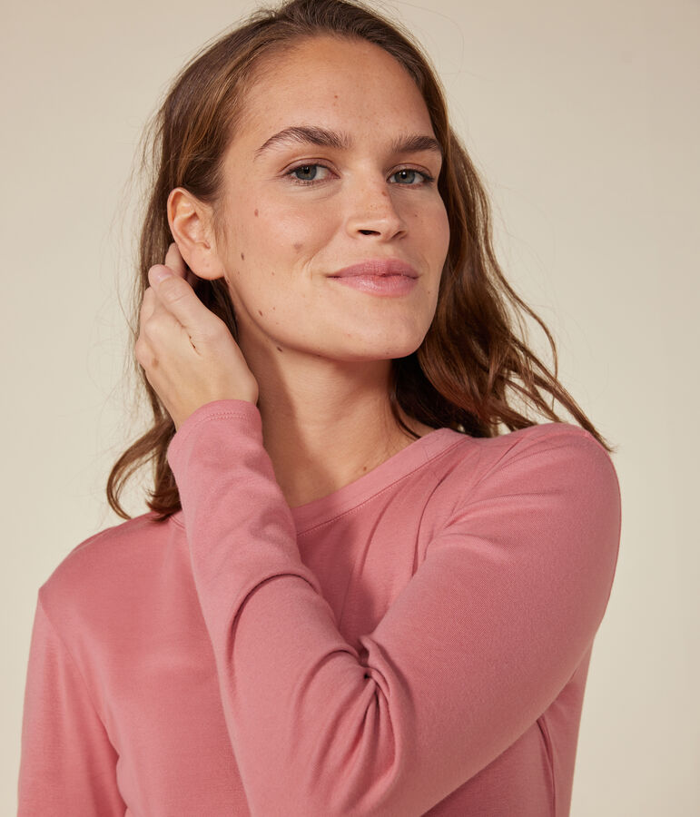 Women's plain rib knit long-sleeved Iconic T-shirt pink