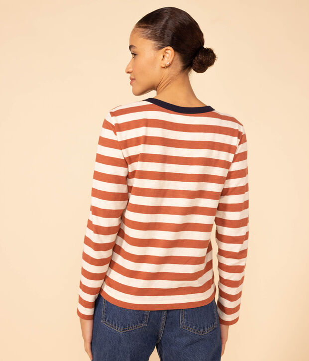 Women's Straight Round-Neck Cotton T-Shirt brown/ecru