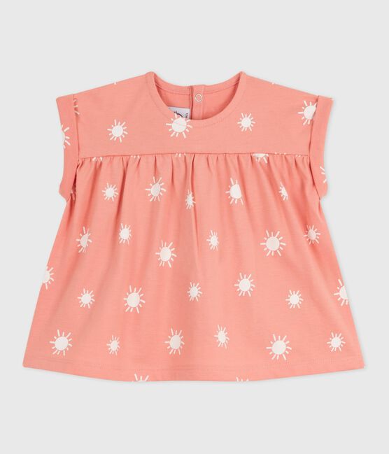 Babies' short-sleeved sun print cotton blouse ABRICOT orange/MARSHMALLOW