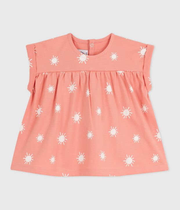 Babies' short-sleeved sun print cotton blouse orange/white
