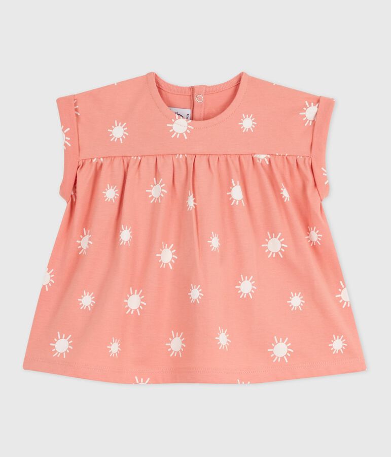 Babies' short-sleeved sun print cotton blouse orange/white
