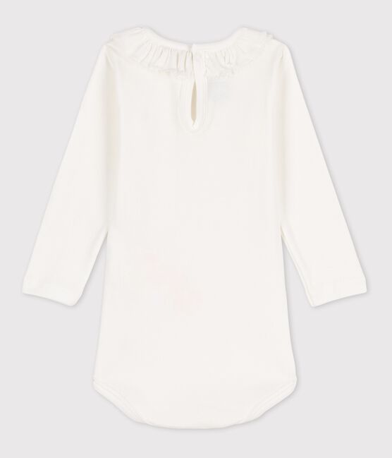 Babies' Long-Sleeved Cotton Bodysuit With Ruffle Collar MARSHMALLOW white