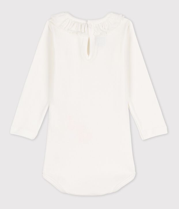Babies' Long-Sleeved Cotton Bodysuit With Ruffle Collar white