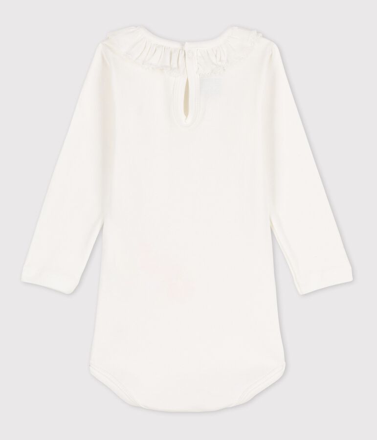 Babies' Long-Sleeved Cotton Bodysuit With Ruffle Collar white