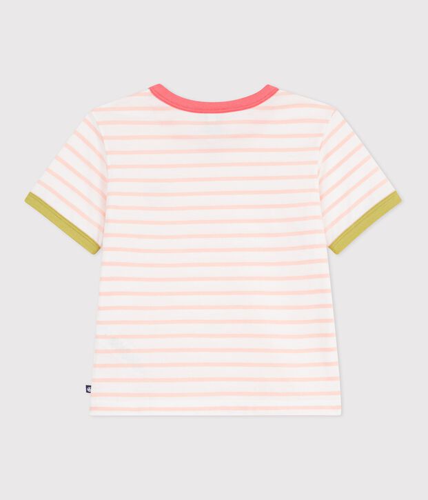 Children's short-sleeved stripy cotton T-shirt pink/orange