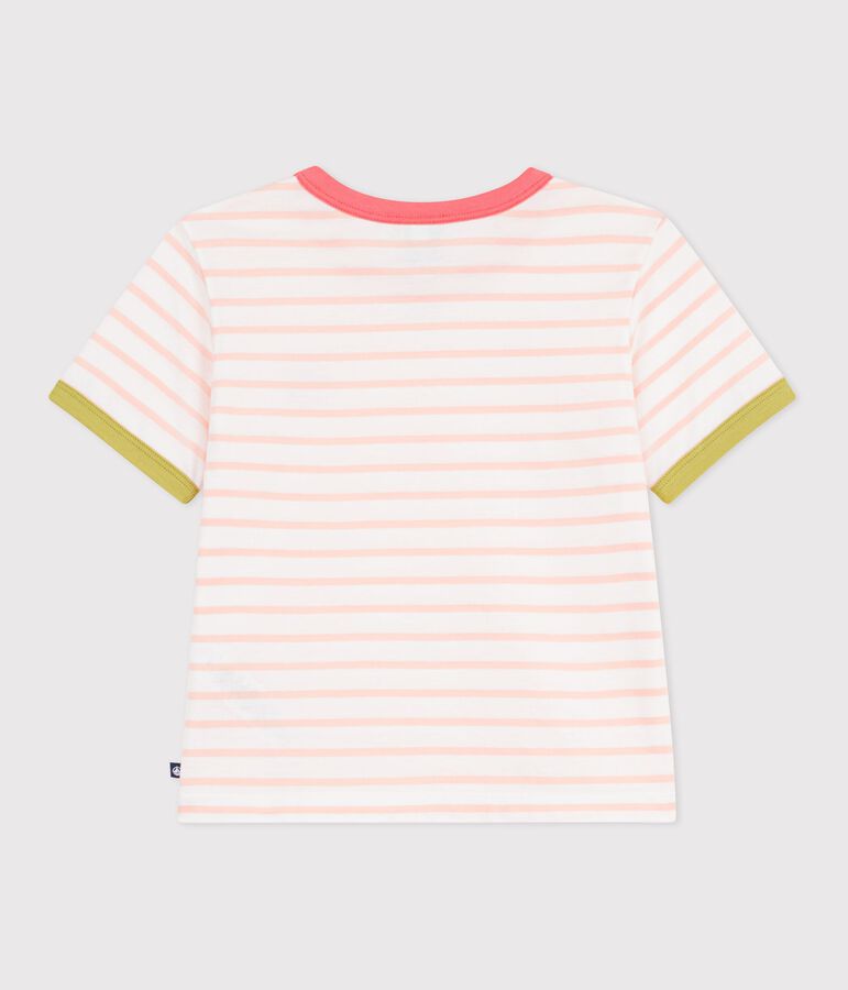 Children's short-sleeved stripy cotton T-shirt white/orange