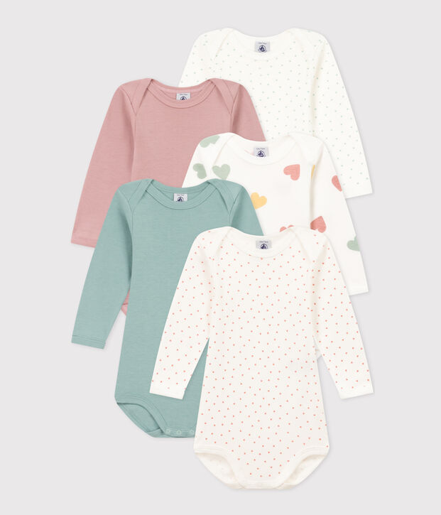 Babies' Heart Patterned Long-Sleeved Cotton Bodysuits - 5-Pack multicolor