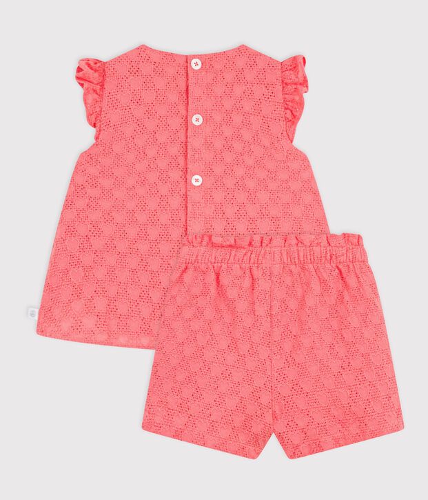Babies' 2-piece outfit in broderie anglaise, hearts design pink