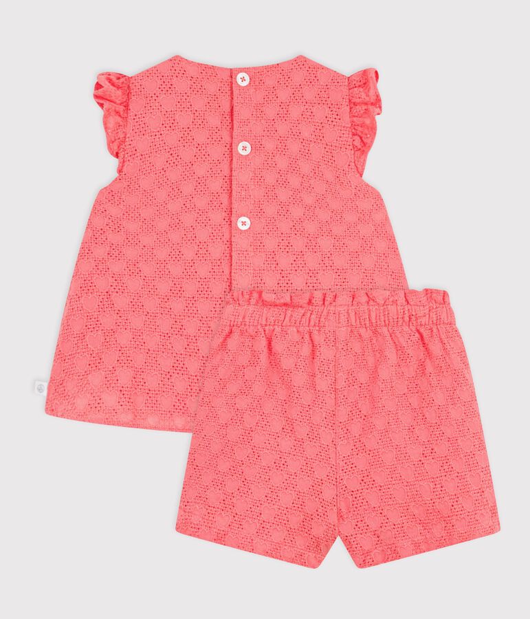 Babies' 2-piece outfit in broderie anglaise, hearts design pink