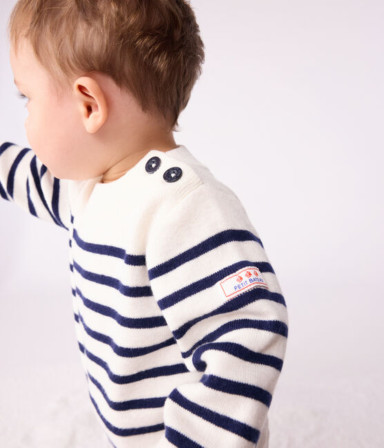 Babies' stripy wool and cotton sailor-style jumper MARSHMALLOW blue/SOIR