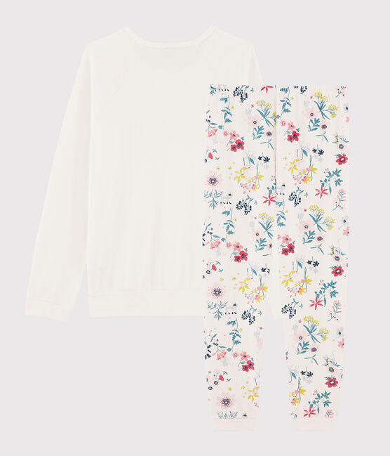 Girls' or Women's Floral Dual-Material Pyjamas MARSHMALLOW white/MULTICO white