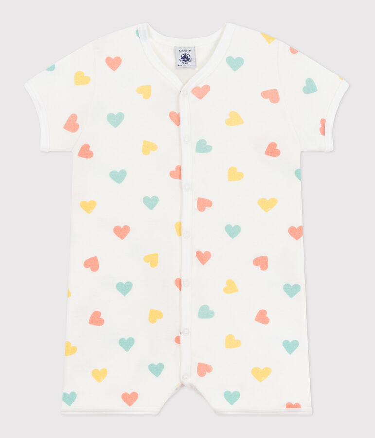 Babies' short heart print cotton jumpsuit white/multicolor