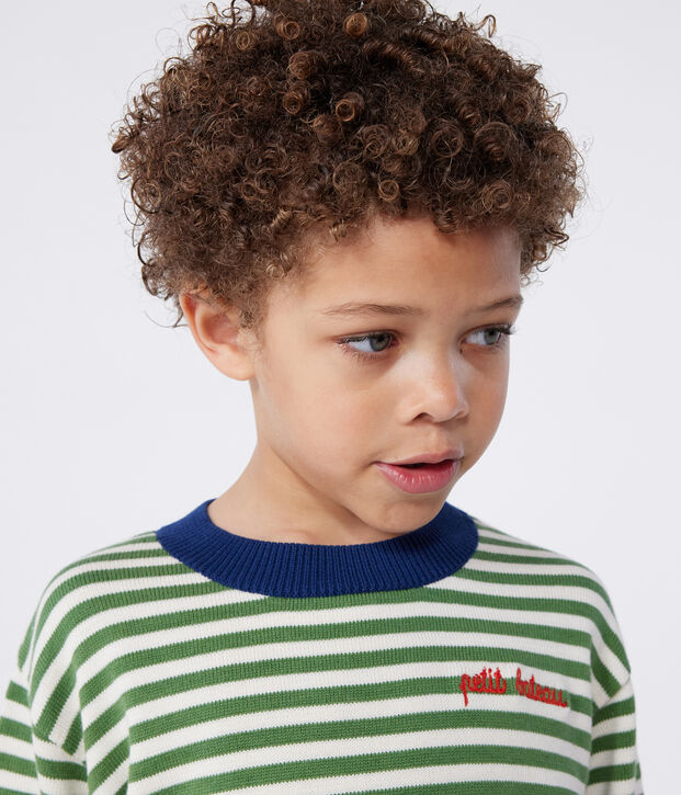 Children's stripy cotton jumper green/ecru