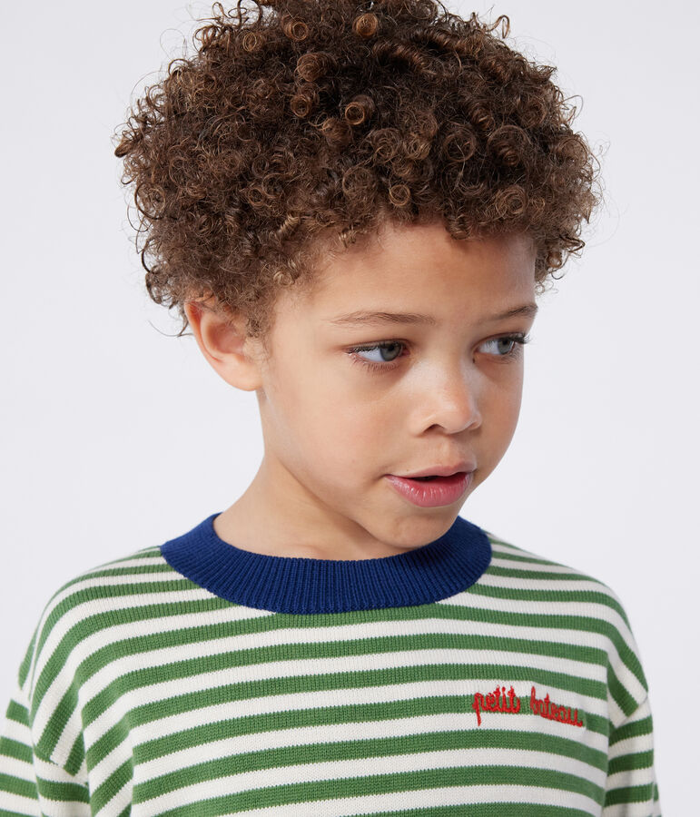 Children's stripy cotton jumper green/ecru