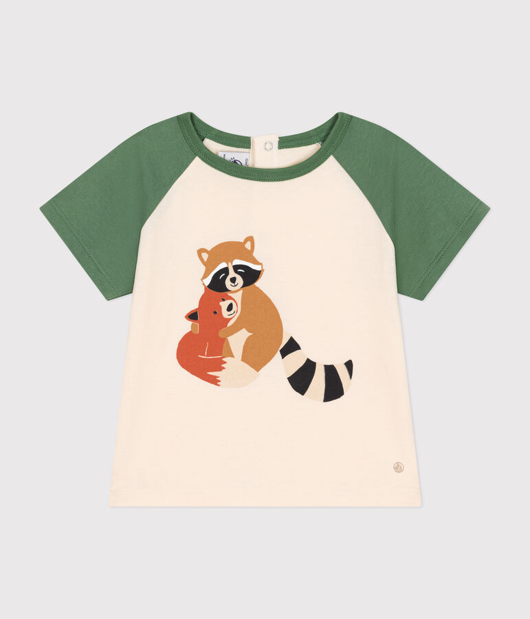 Babies' short-sleeved fine jersey T-shirt Ecru/green
