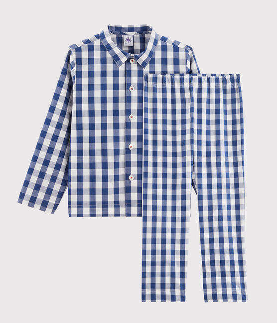 Boys' Checked Twill Pyjamas MEDIEVAL blue/MARSHMALLOW white