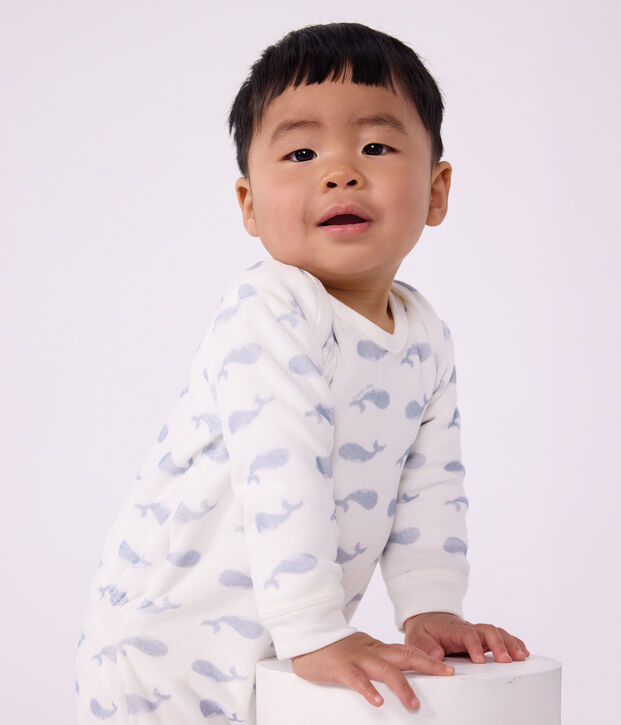 Babies' whale-print velour popper-free pyjamas white/blue