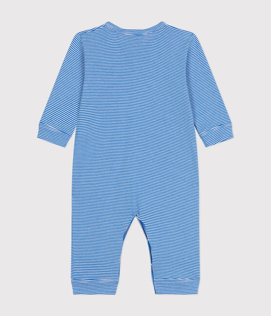 Babies' Footless Stripy Cotton Pyjamas DELPHINIUM /MARSHMALLOW