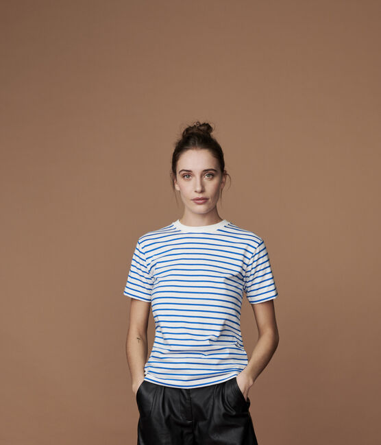 Women's Breton Stripe Cotton T-Shirt MARSHMALLOW white/RUISSEAU