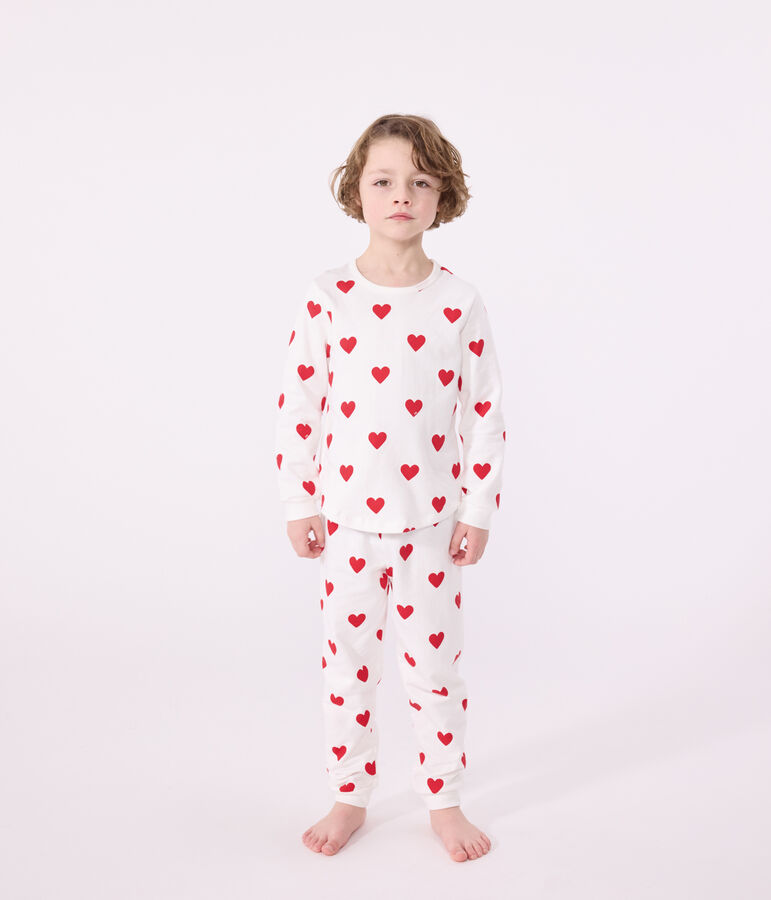 Children's hearts print ribbed pyjamas MARSHMALLOW white/TERKUIT red