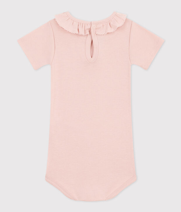 Babies' Short-Sleeved Cotton Bodysuit With Ruffle Collar pink
