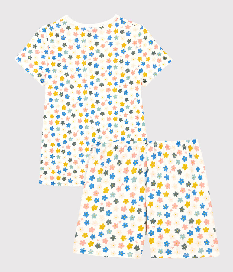 Girls' Glow-In-The-Dark Floral Short Cotton Pyjamas MARSHMALLOW white/MULTICO white