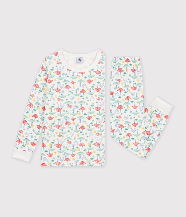 Children's fleece pyjama suit printed with mushrooms white/multicolor