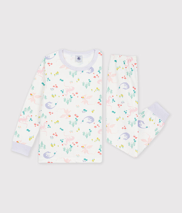 Children's pyjamas in fleece with a dragon print white/multicolor